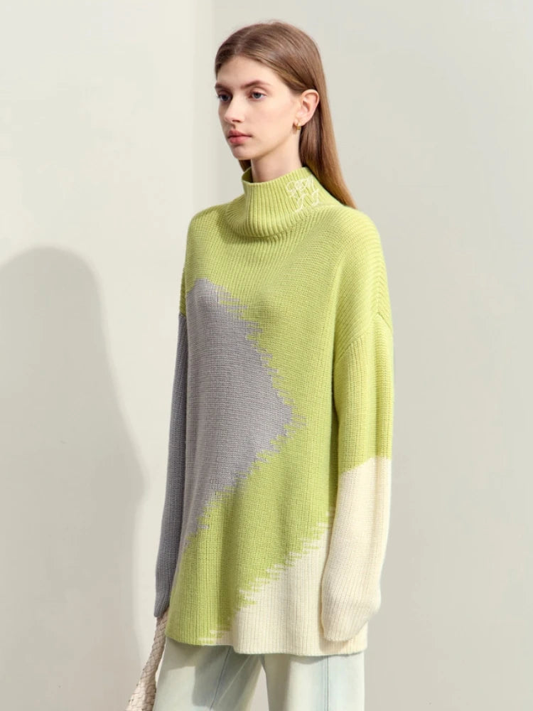 Women's Loose Turtleneck Sweater | Embroidered Knit Pullover