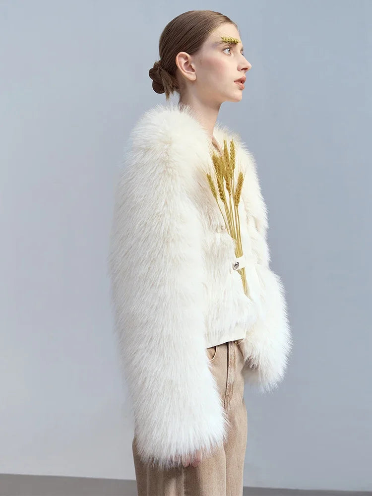 Women's V-Neck Faux Fur Jacket - Modern PU Spliced Winter Coat