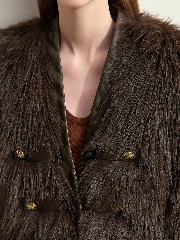 Women's V-Neck Faux Fur Jacket - Modern PU Spliced Winter Coat
