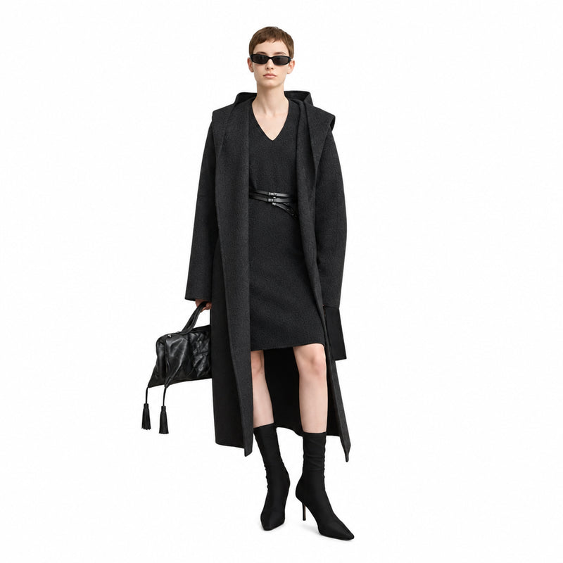 Women's Hooded Wool Duplex Coat - Minimalist Winter Commuter Jacket